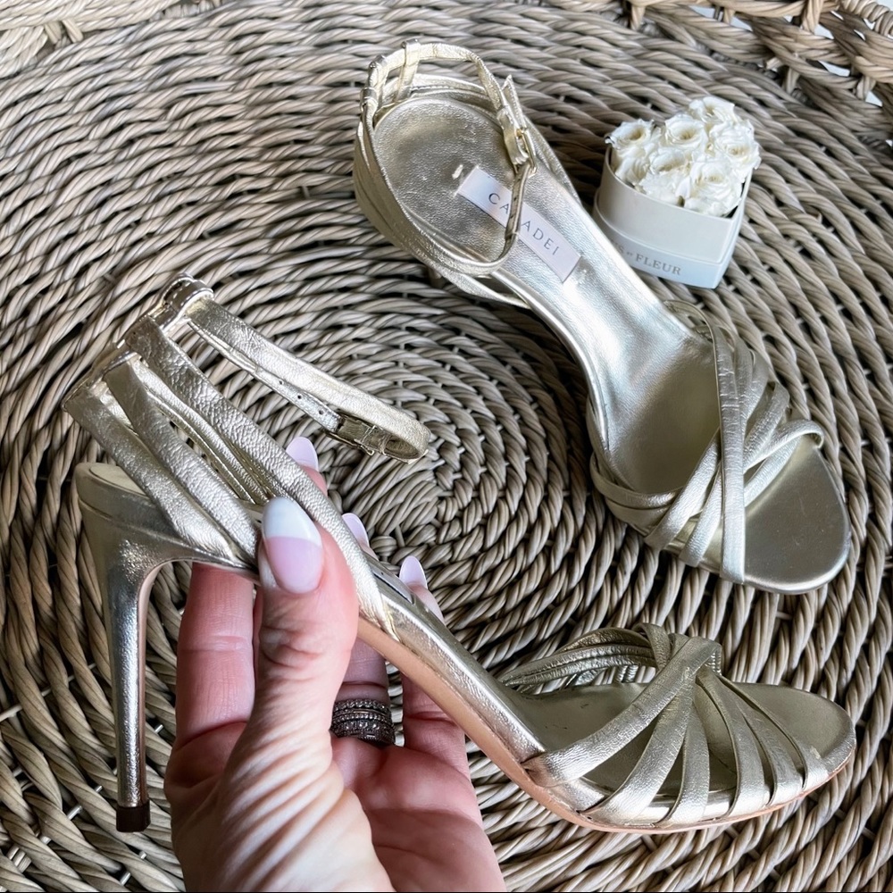 Casadei Gold Leather Strappy Woven Heeled Sandals